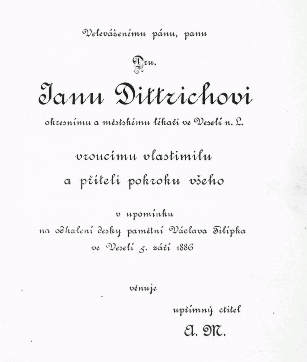 Poděkování veselkému lékaři Janovi Dittrichovi od Aloise Mattušky